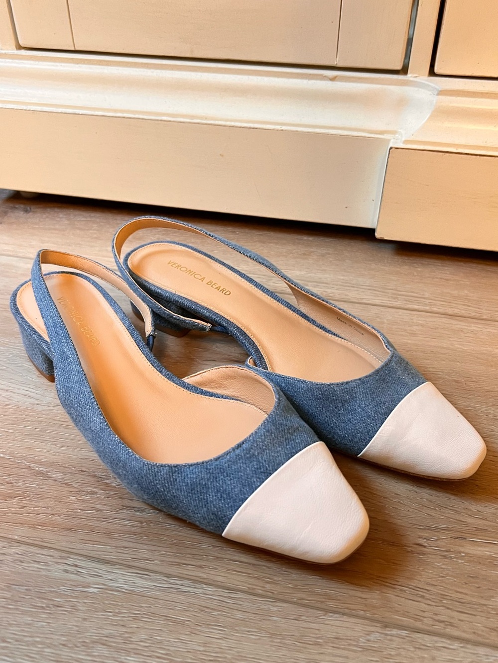 Veronica Beard Denim Blue Slingback Flats with Cream Cap Toe